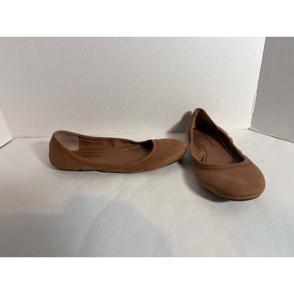 Lucky Brand Emmie Tan Leather Ballet Flats Rounded Toe Slip On Shoes Womens 9.5